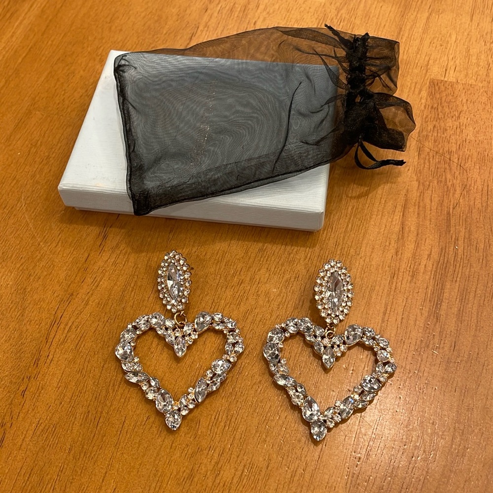 Heart Shaped Earrings CZ Diamond Crystals Goldtone Valentines Day ❤️ Jewelry